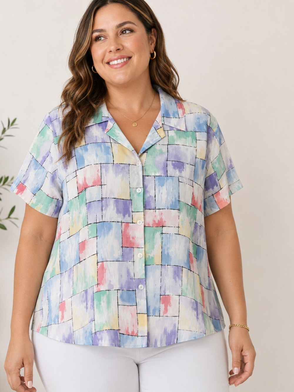 Alfred Dunner Vintage 90s Pastel Abstract Patchwork Button Up Blouse 18W Retro